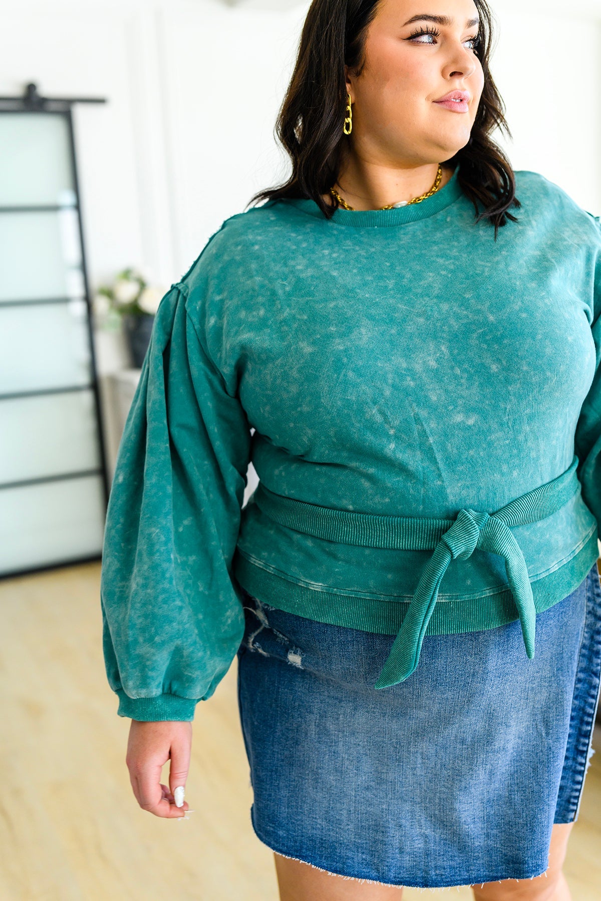 Tied Up In Cuteness Mineral Wash Sweater in Teal Womens Southern Soul Collectives 