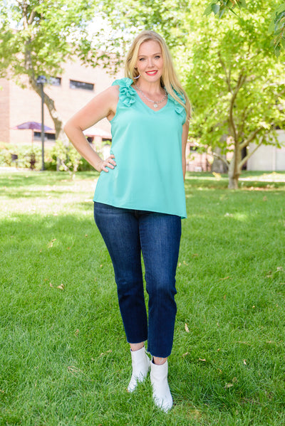 Trendsetter B-neck Ruffle Shoulder Mint Green Tank Top Womens Southern Soul Collectives 