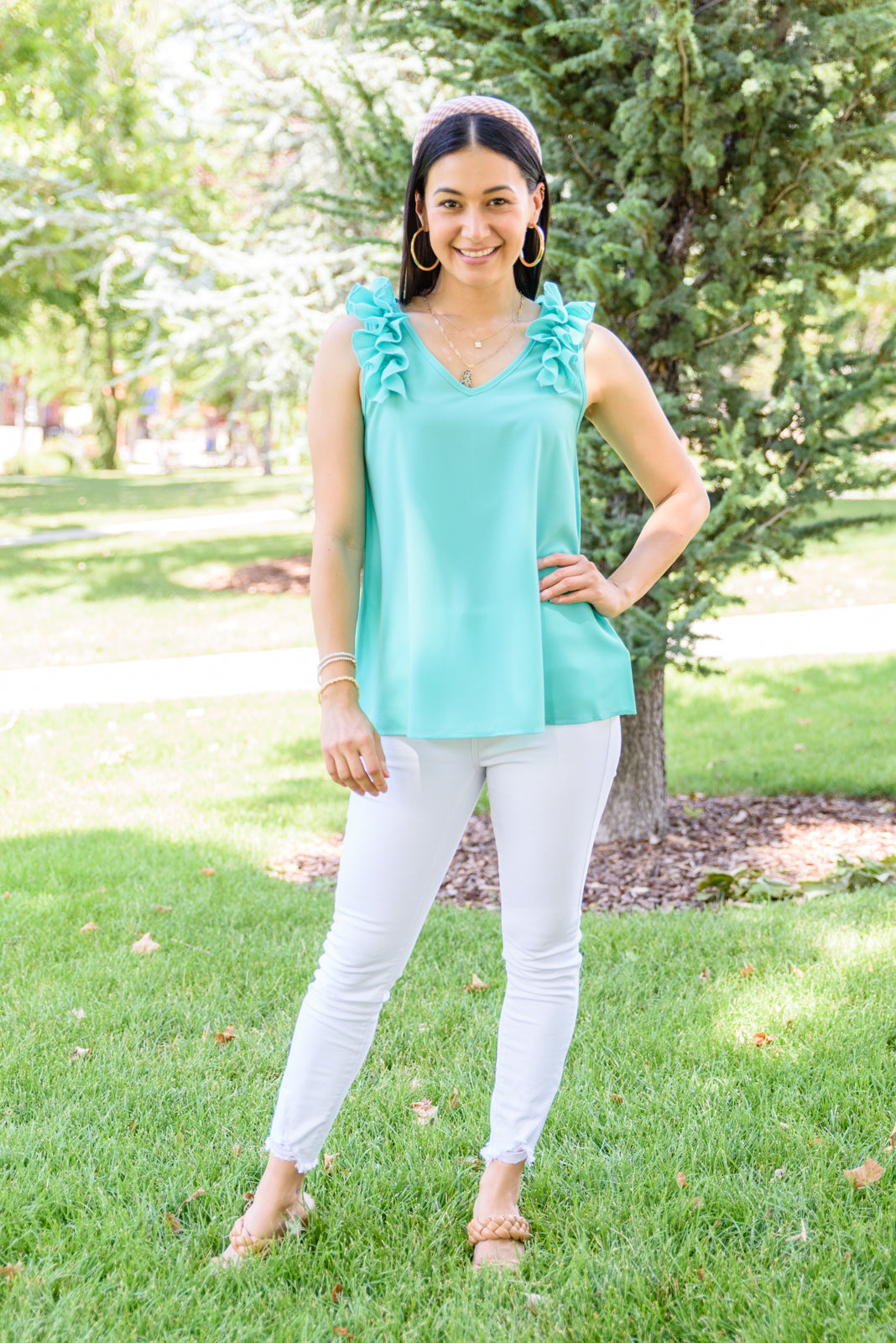 Trendsetter B-neck Ruffle Shoulder Mint Green Tank Top Womens Southern Soul Collectives 