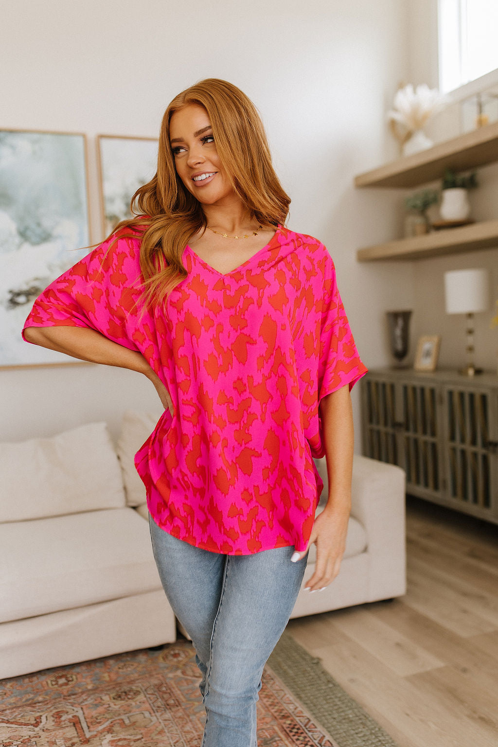 Unforgettable V-Neck Animal Print Blouse in Pink Womens Southern Soul Collectives 