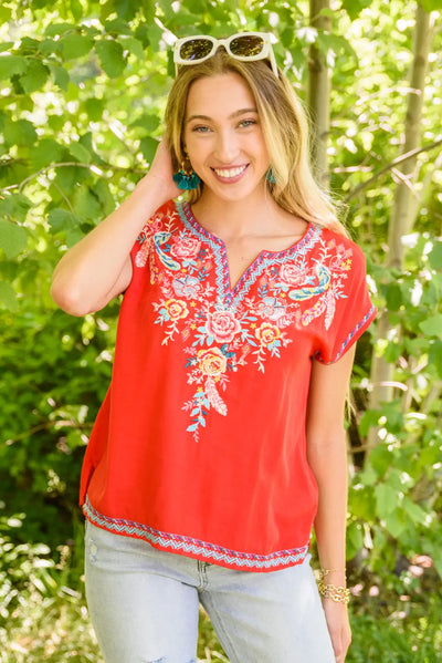 Walk To The Villa Red Embroidered Flower Top Womens Southern Soul Collectives 