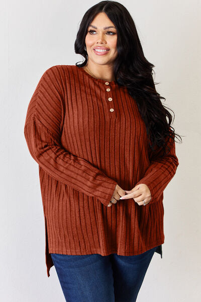 Basic Bae Full Size Ribbed Half Button Long Sleeve High-Low T-Shirt  Southern Soul Collectives