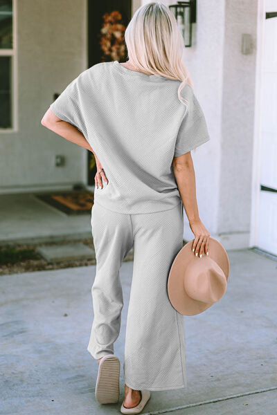 Texture Short Sleeve Top and Wide Leg Pants Set  Southern Soul Collectives