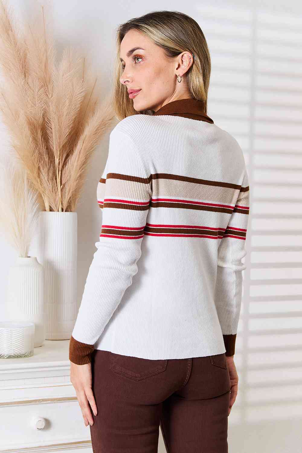 Basic Bae Striped Collared Neck Rib-Knit Top  Southern Soul Collectives 