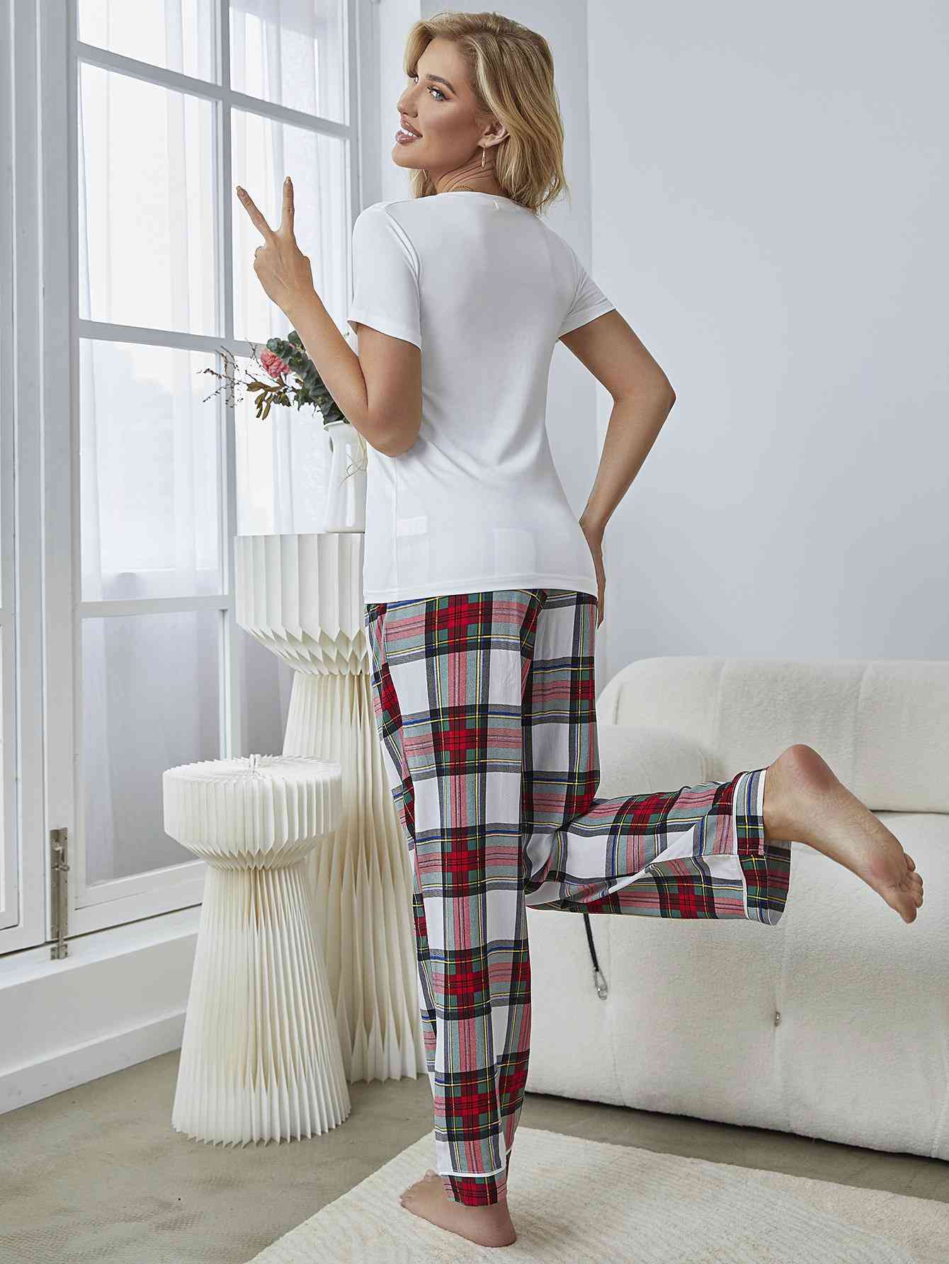 V-Neck Tee and Plaid Pants Lounge Set  Southern Soul Collectives