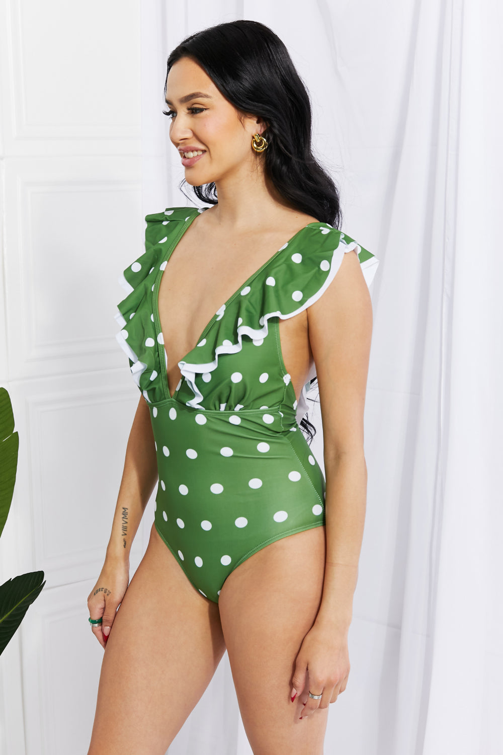 Moonlit Dip Ruffle Plunge One-Piece Swimsuit in Green Polka Dot  Southern Soul Collectives 