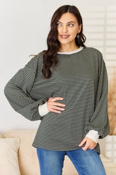 And The Why Oversized Striped Contrast T-Shirt in Dark Olive  Southern Soul Collectives