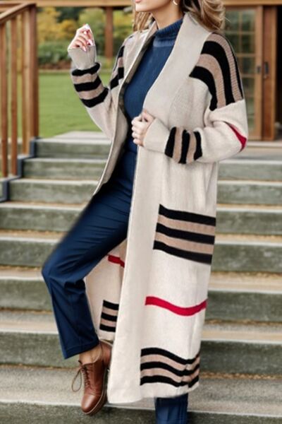 Striped Open Front Long Sleeve Longline Sweater Cardigan  Southern Soul Collectives