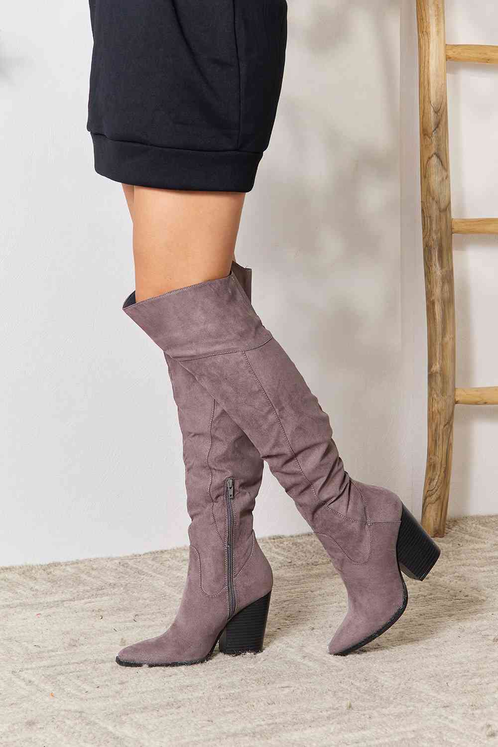 Block Heel Over the Knee High Boots in Grey