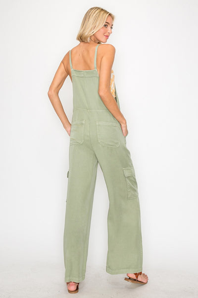 RISEN Wide Leg Tencel Cargo Overalls in Sage  Southern Soul Collectives