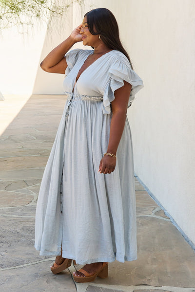 Drawstring Deep V Butterfly Sleeve Maxi Dress in Misty Blue  Southern Soul Collectives 