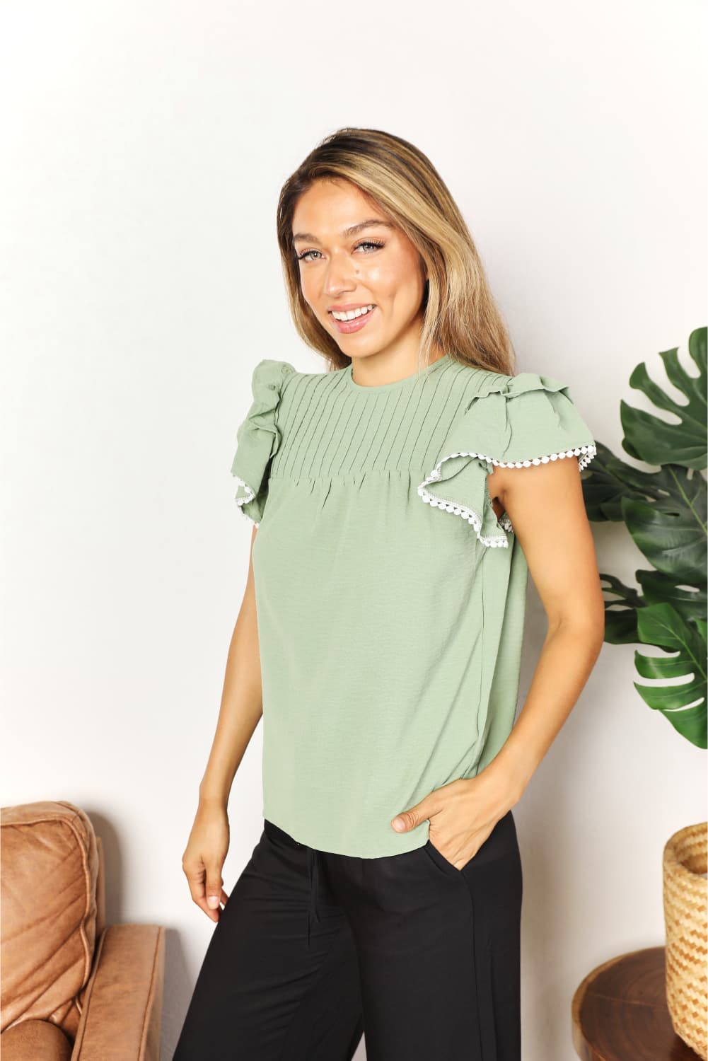 Double Take Pleated Detail Flutter Sleeve Blouse  Southern Soul Collectives 