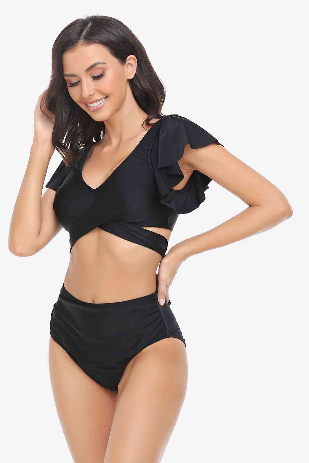 Two-Tone Flutter Sleeve Tied Two-Piece Swimsuit  Southern Soul Collectives