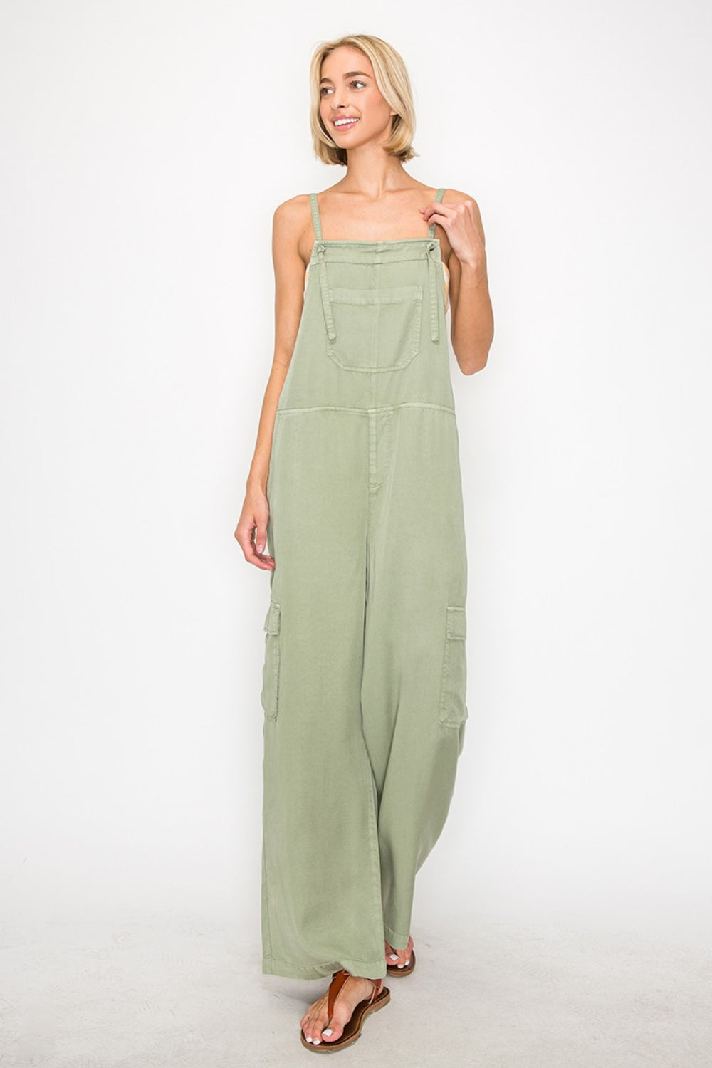 RISEN Wide Leg Tencel Cargo Overalls in Sage  Southern Soul Collectives