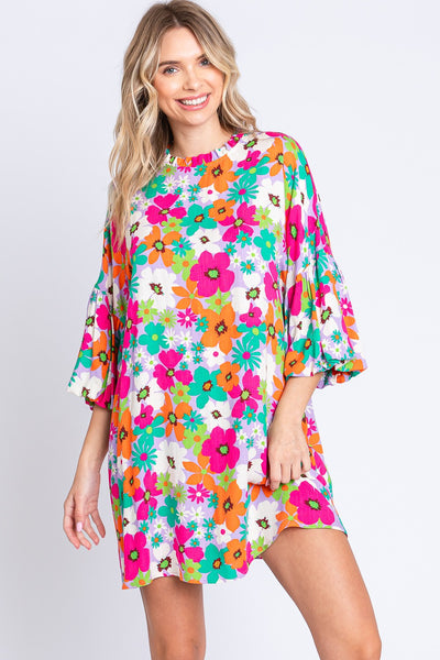 Mod Floral Round Neck Lantern Sleeve Mini Dress Southern Soul Collectives