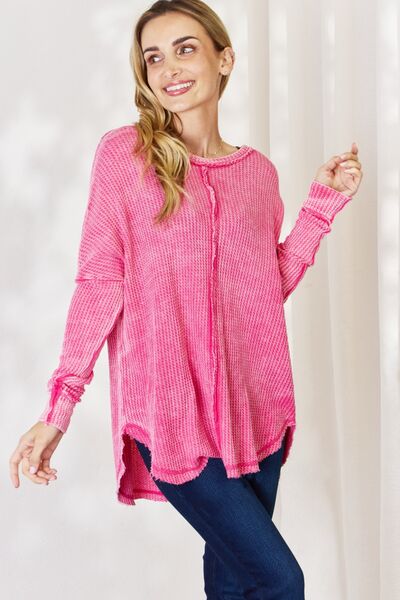 Zenana Oversized Washed Waffle Long Sleeve Top  Southern Soul Collectives