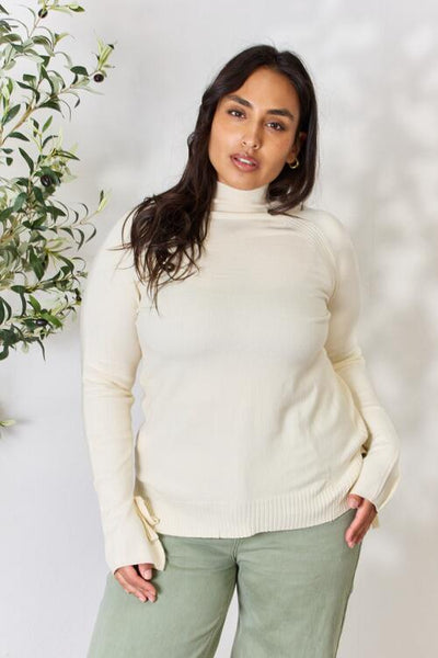 Ribbed Bow Tie Sleeve Detail Long Sleeve Turtleneck Knit Top in Cream  Southern Soul Collectives