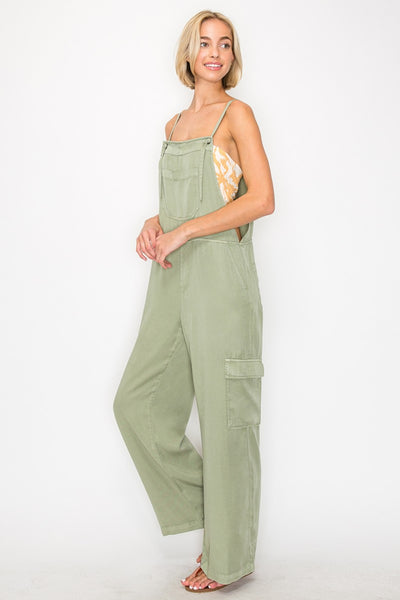 RISEN Wide Leg Tencel Cargo Overalls in Sage  Southern Soul Collectives