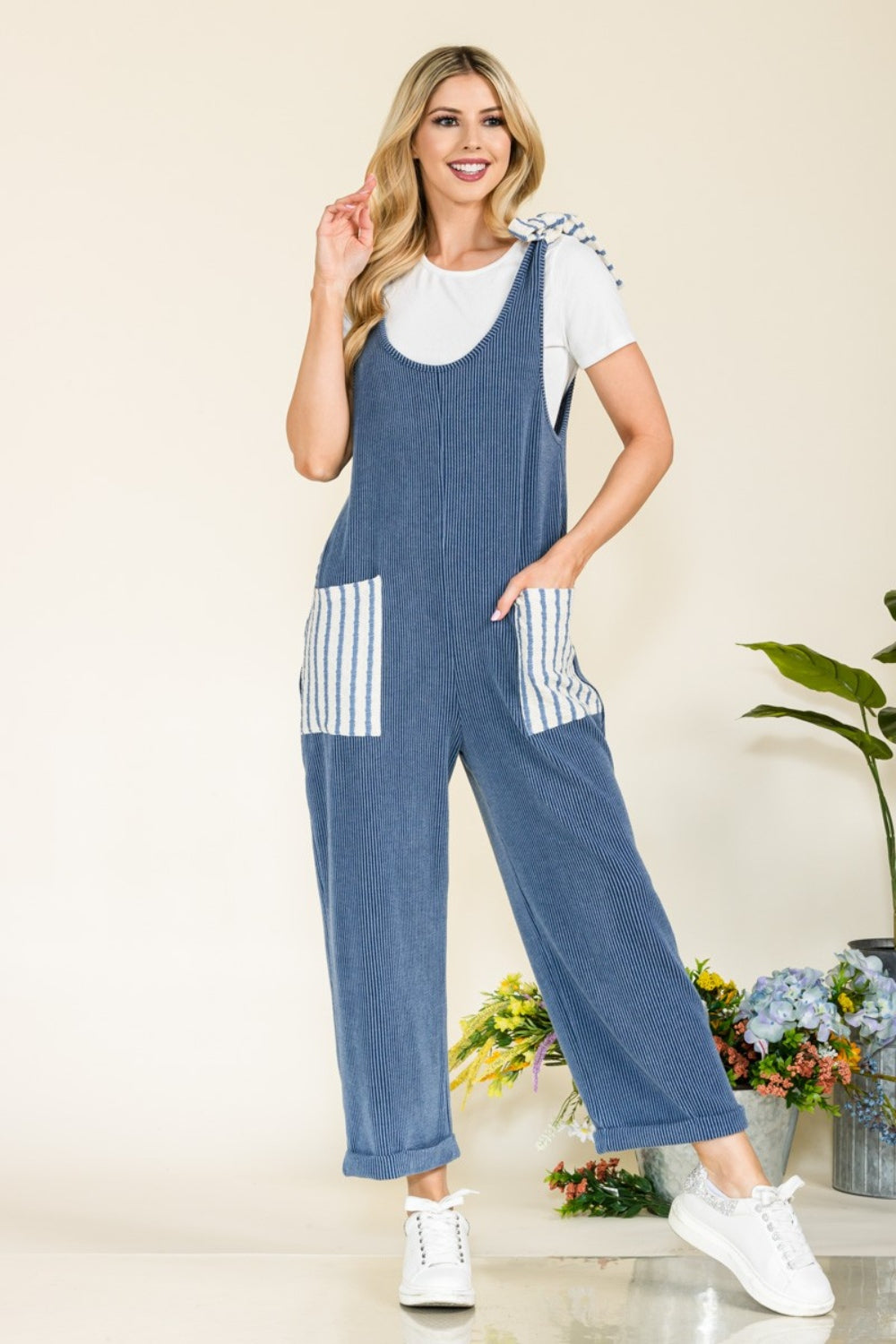 Celeste Full Size Stripe Contrast Pocket Rib Jumpsuit  Southern Soul Collectives