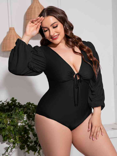 Plus Size Tied Deep V Balloon Sleeve One-Piece Swimsuit  Southern Soul Collectives