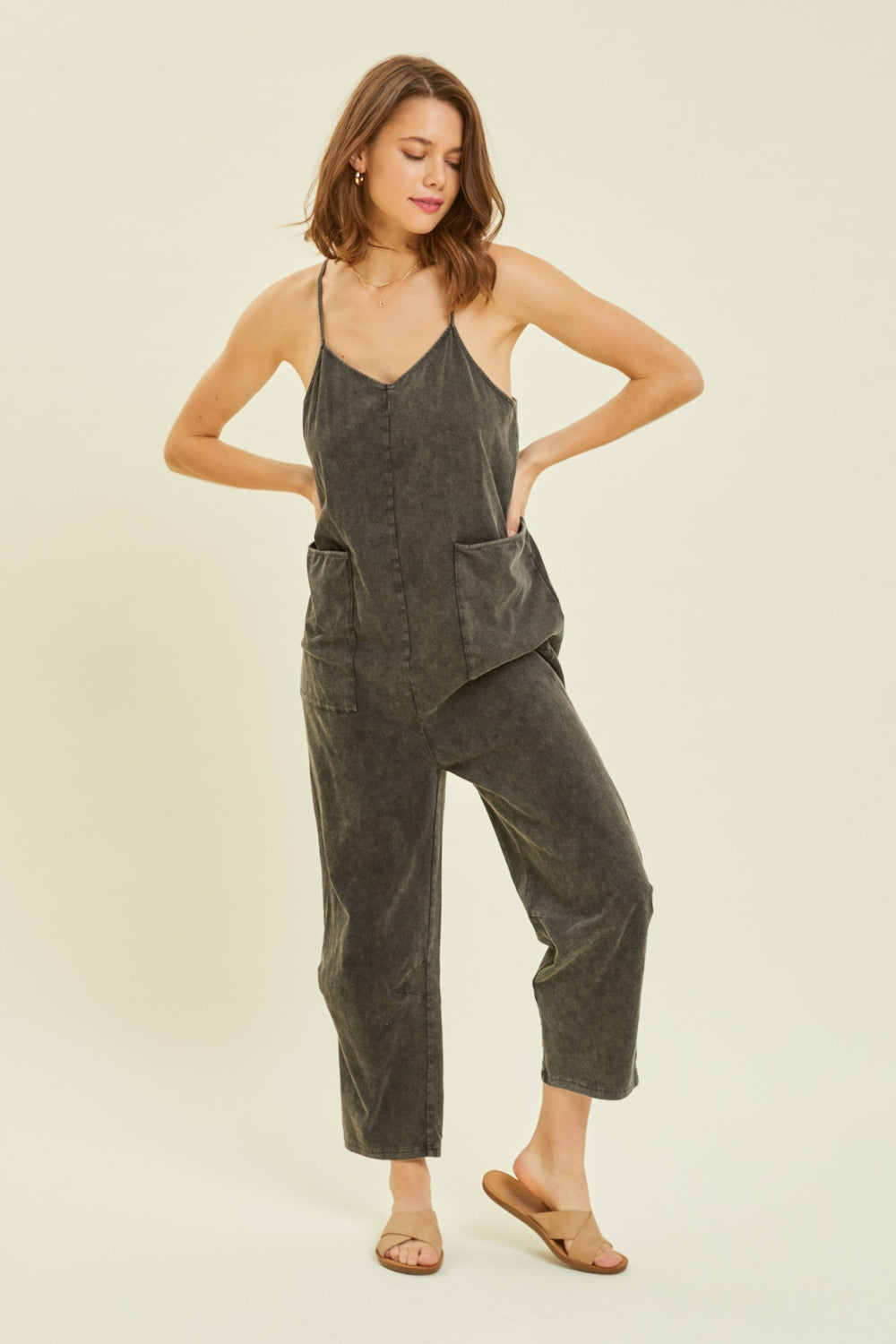 Black Mineral-Washed Oversized Jumpsuit with Pockets Southern Soul Collectives