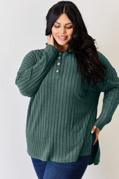 Basic Bae Full Size Ribbed Half Button Long Sleeve High-Low T-Shirt  Southern Soul Collectives