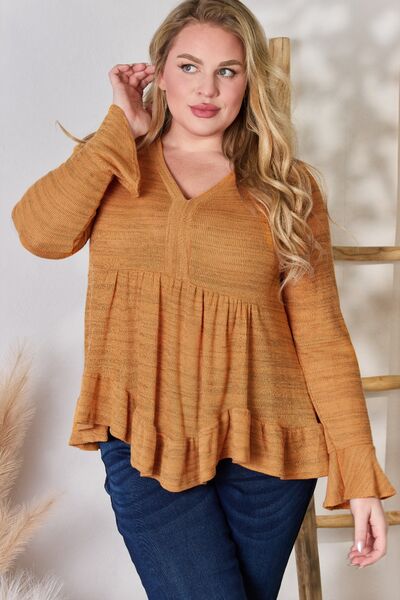 V-Neck Flounce Sleeve Babydoll Blouse in Rusty Orange  Southern Soul Collectives