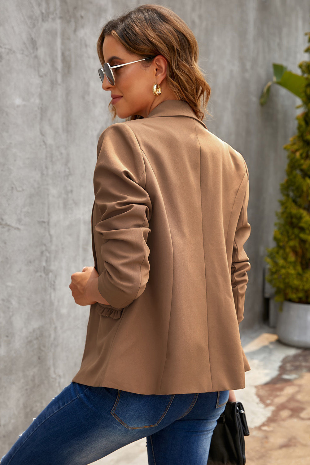 Lapel Collared Blazer with Ruffle Pockets in Brown and Beige  Southern Soul Collectives 