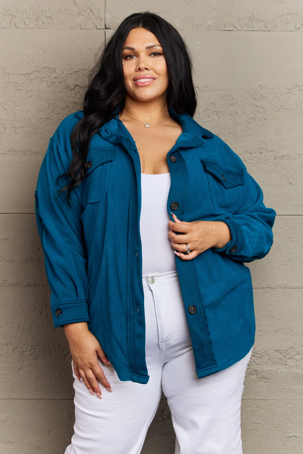 Zenana Cozy in the Cabin Full Size Fleece Elbow Patch Shacket in Teal  Southern Soul Collectives 