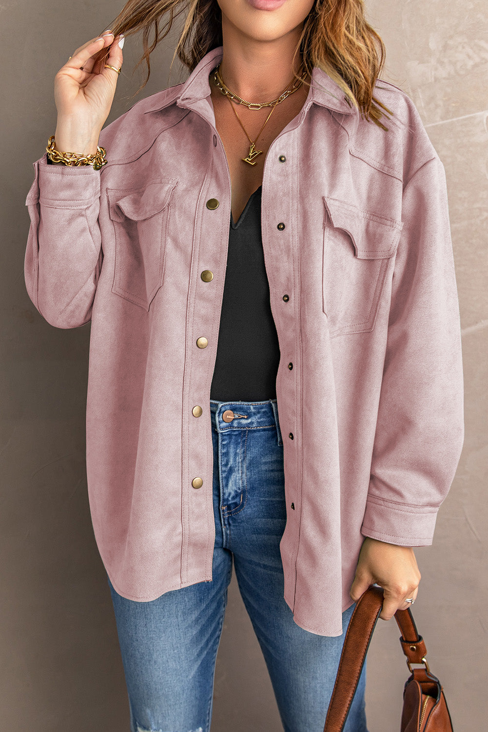 Suede Snap Front Dropped Shoulder Jacket in Pink WL Southern Soul Collectives 