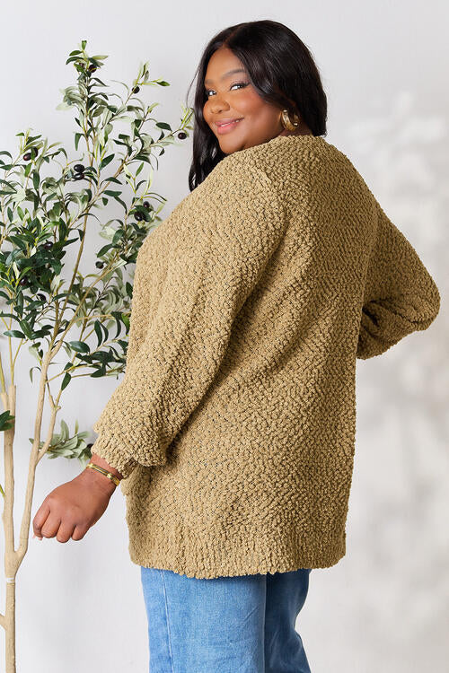 Falling For You Open Front Popcorn Cardigan with Pockets in Khaki