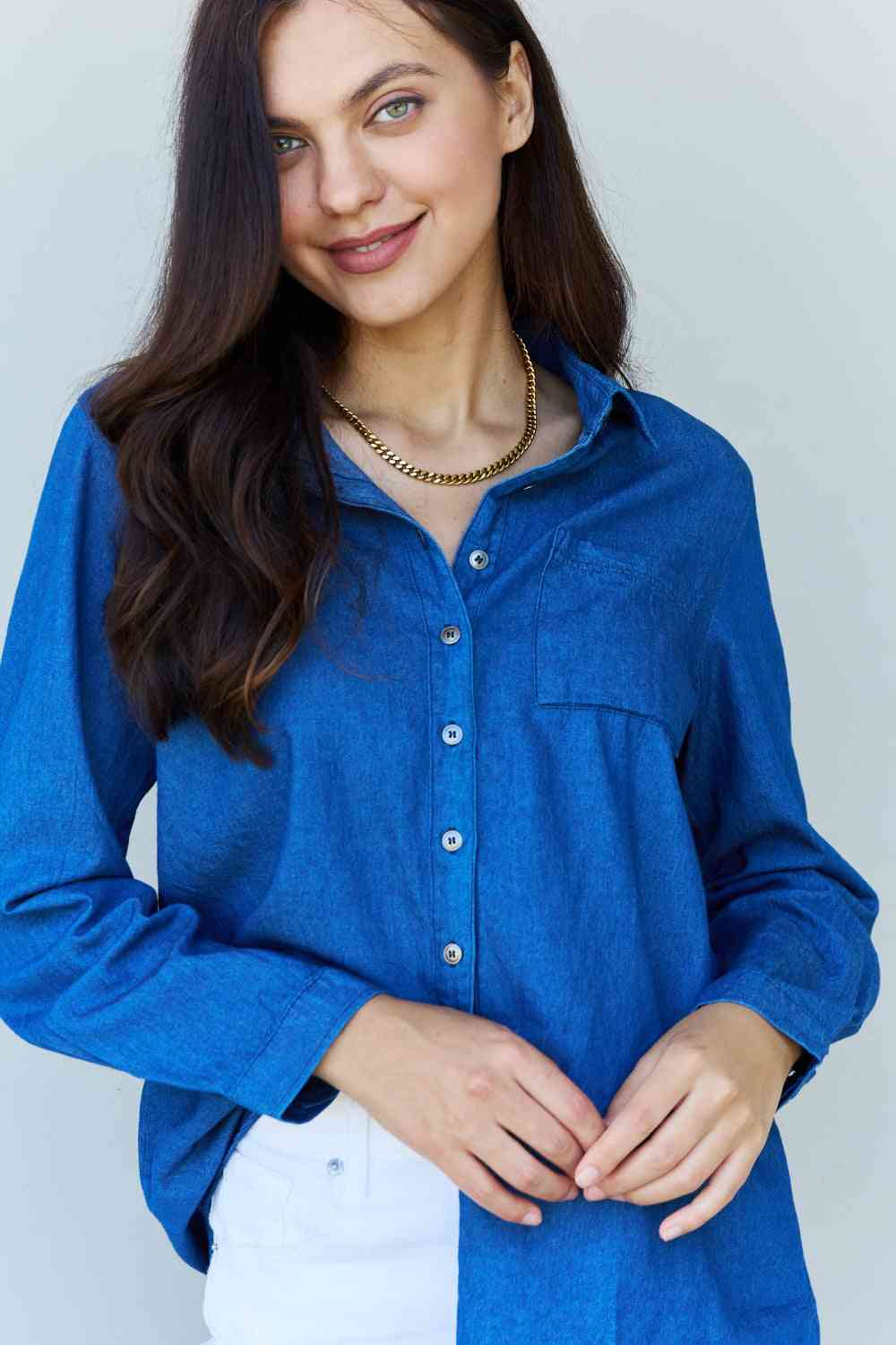 Blue Jean Baby Denim Button Down Shirt Top in Dark Blue  Southern Soul Collectives