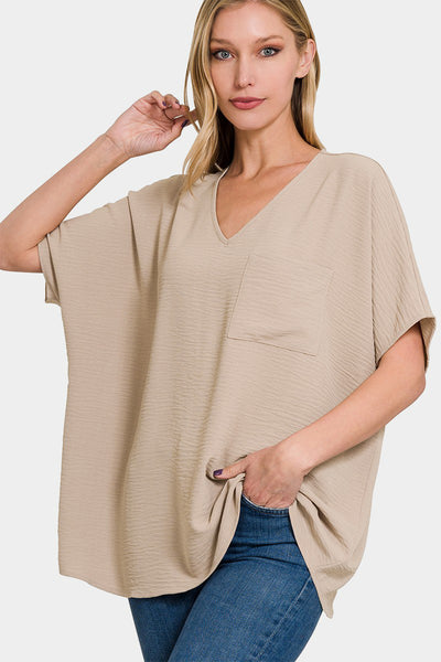 Texture V-Neck Short Sleeve Top Light Mocha  Southern Soul Collectives