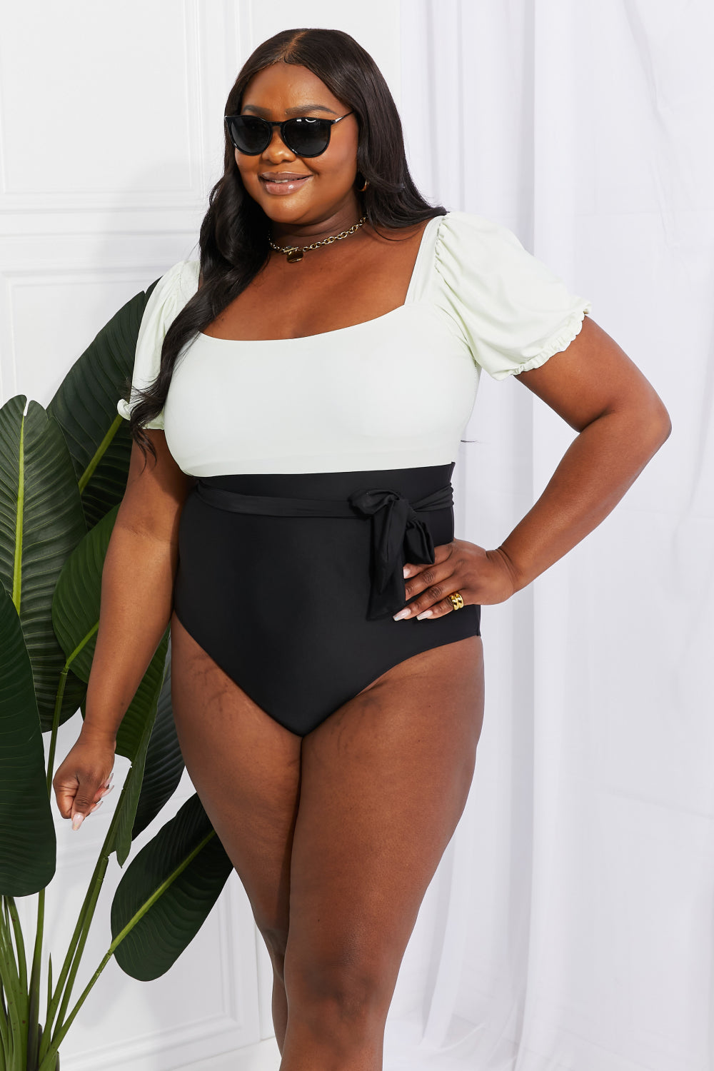 Swim Salty Air Puff Sleeve One-Piece Swimsuit  in Cream/Black  Southern Soul Collectives 