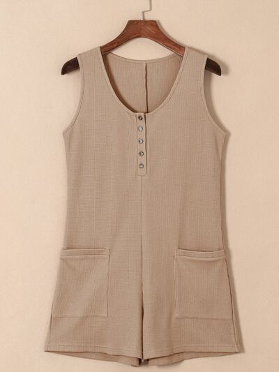 Waffle-Knit Half Button Sleeveless Romper with Pockets  Southern Soul Collectives