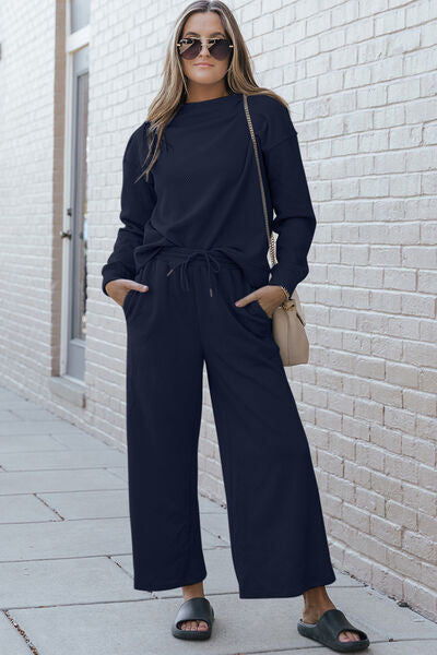 Textured Long Sleeve Top and Drawstring Wide Leg Pants Set in Multiple Colors  Southern Soul Collectives