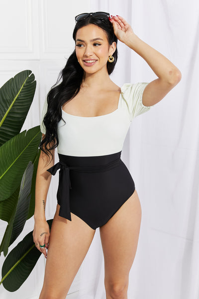 Swim Salty Air Puff Sleeve One-Piece Swimsuit  in Cream/Black  Southern Soul Collectives 