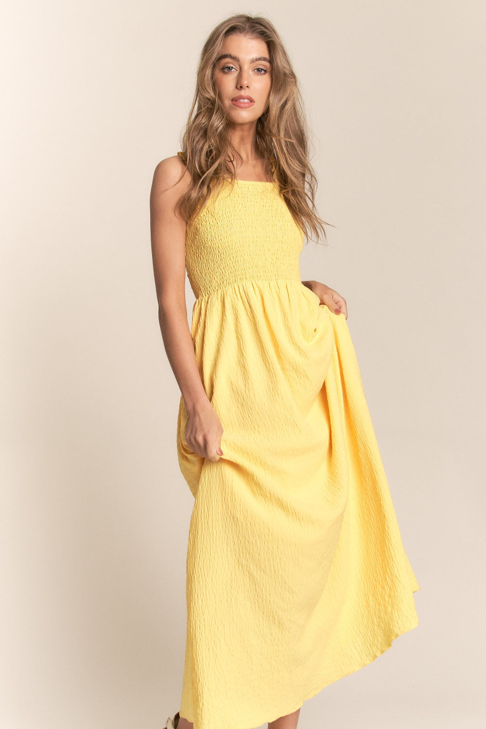 J.NNA Texture Crisscross Back Tie Smocked Maxi Dress Southern Soul Collectives