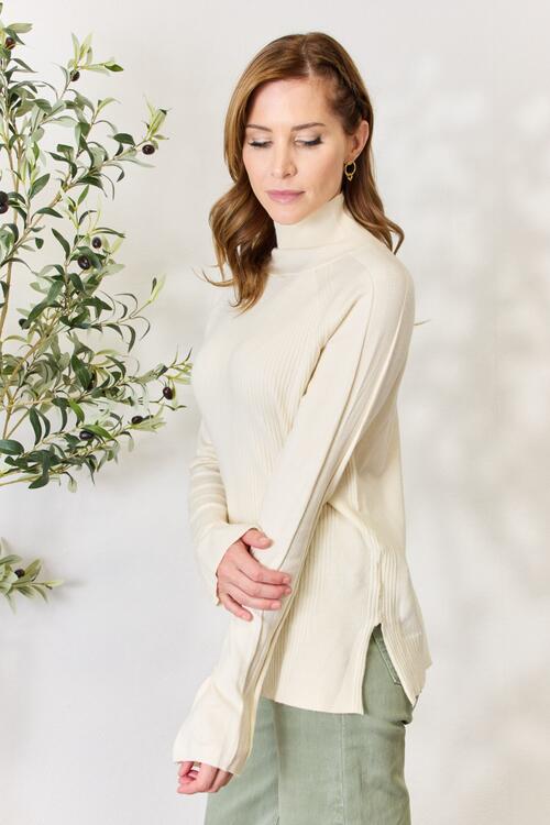 Ribbed Bow Tie Sleeve Detail Long Sleeve Turtleneck Knit Top in Cream  Southern Soul Collectives