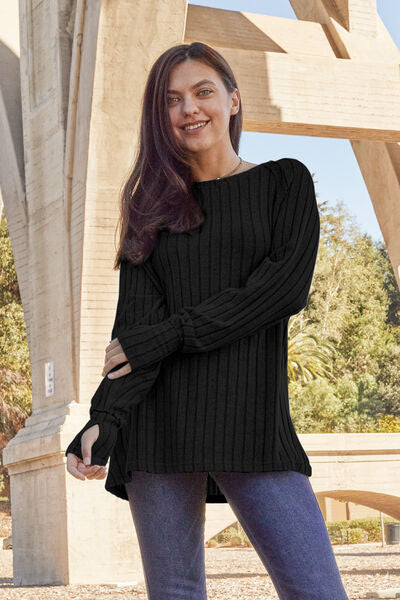 Ribbed Round Neck Long Sleeve Knit Top with Thumb Holes in Multiple Colors  Southern Soul Collectives