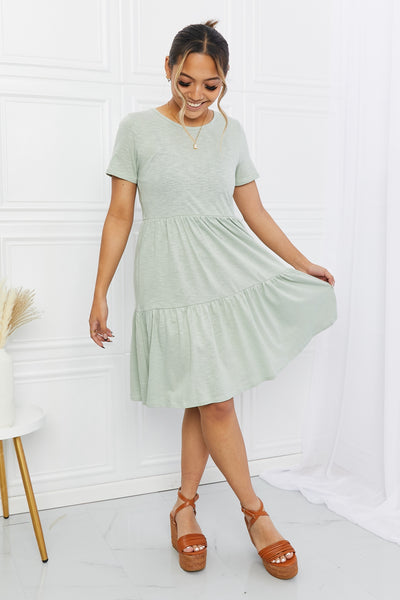 Short Sleeve Round Neck Tiered Tee Dress in Sage  Southern Soul Collectives 