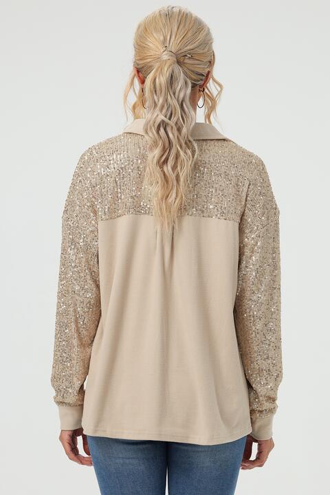 Sequin Detail Button Up Long Sleeve Shirt in Khaki Gold