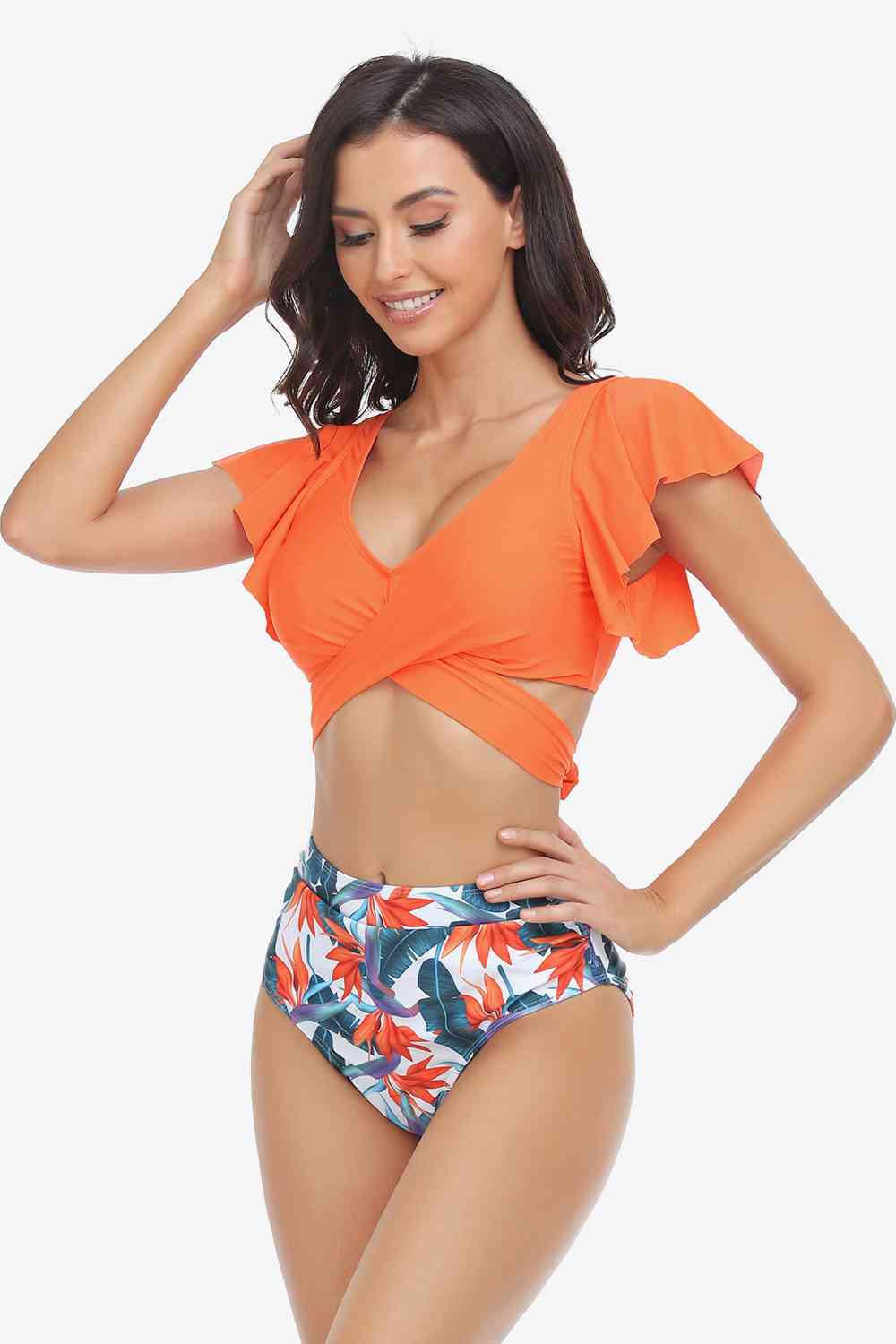 Two-Tone Flutter Sleeve Tied Two-Piece Swimsuit  Southern Soul Collectives