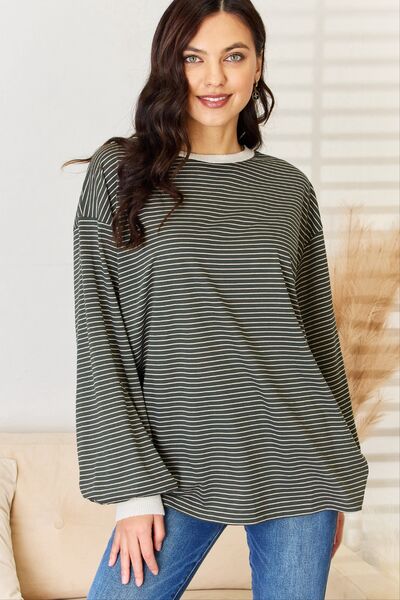 And The Why Oversized Striped Contrast T-Shirt in Dark Olive  Southern Soul Collectives