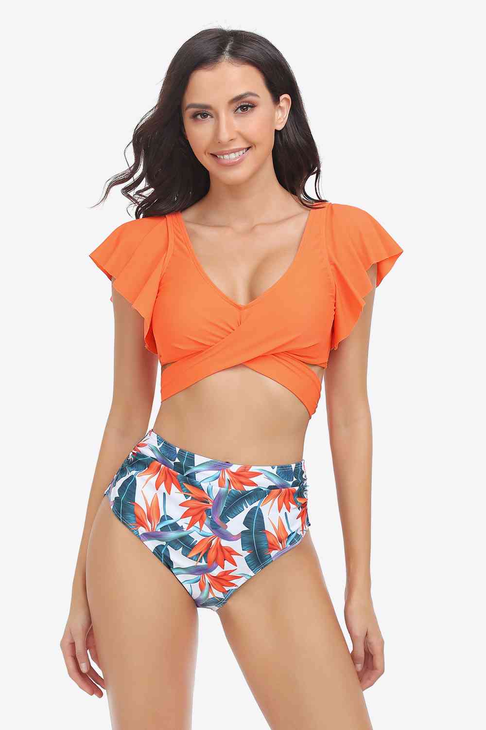 Two-Tone Flutter Sleeve Tied Two-Piece Swimsuit  Southern Soul Collectives