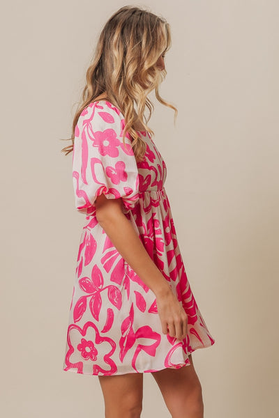 Tropical Floral Pattern Puff Sleeve Square Neck Dress in Fuchsia  Southern Soul Collectives