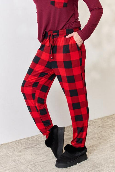 Plaid Round Neck Top and Pants Pajama Set in Red  Southern Soul Collectives