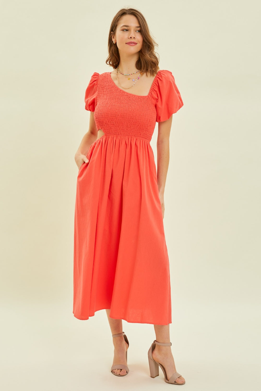 Asymmetrical Neckline Smocked Cutout Midi Dress in Cherry Orange Red Southern Soul Collectives