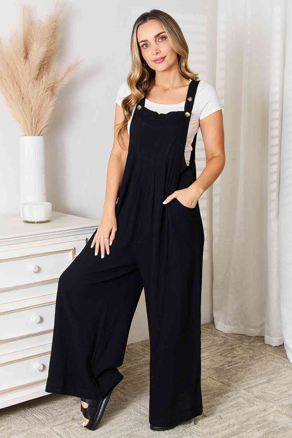 So Stylin' Wide Leg Overalls with Pockets in Black