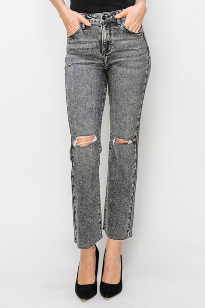 RISEN High Waist Distressed Straight Jeans in Acid Black  Southern Soul Collectives